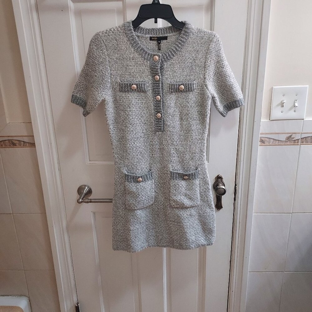 Maje Raveno Knit Sequined Silver Button Shirt Dress